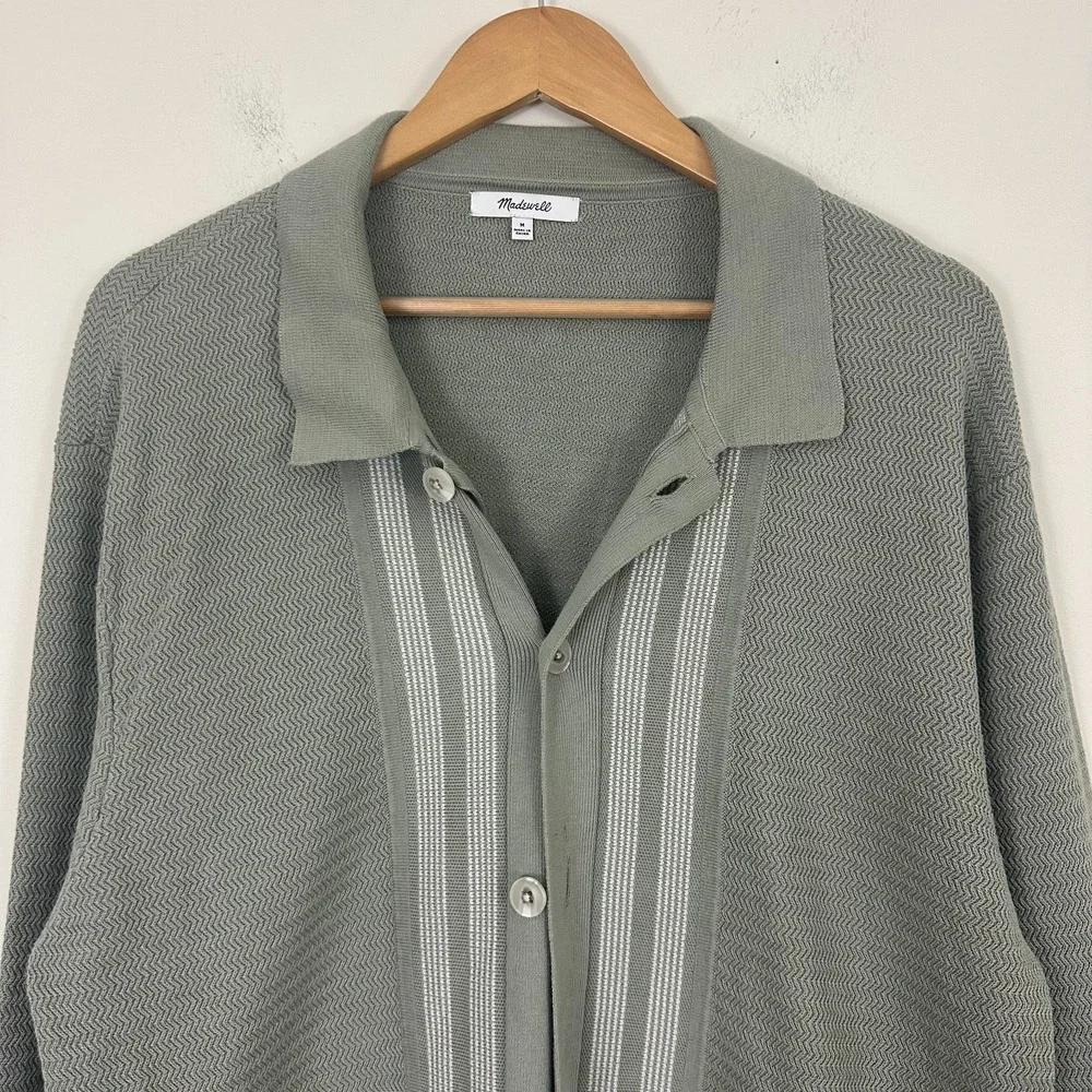 Madewell Sweater Polo Cardigan Sage Green Striped Long Sleeve Button Up Men M